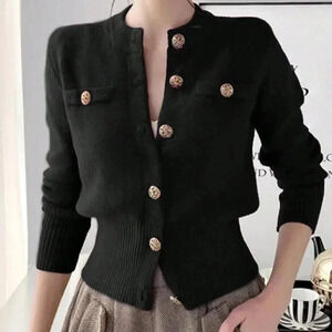 Black Casual Women's Long Sleeve Knit Ribbed Button Round Neck Cardigan